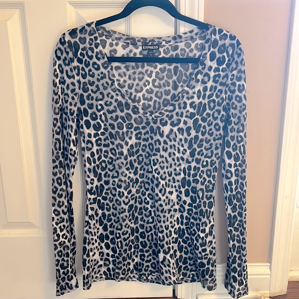 Express sheer gray leopard print long sleeve top